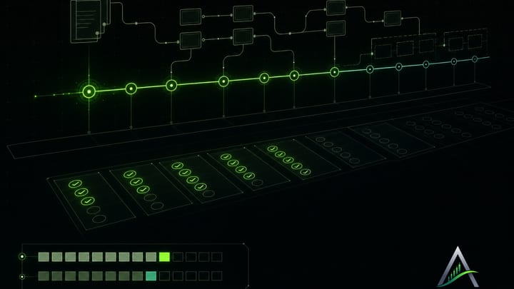Two rows of seven small coloured bars like days on a calendar, mostly soft green, one deeper green block near the end.